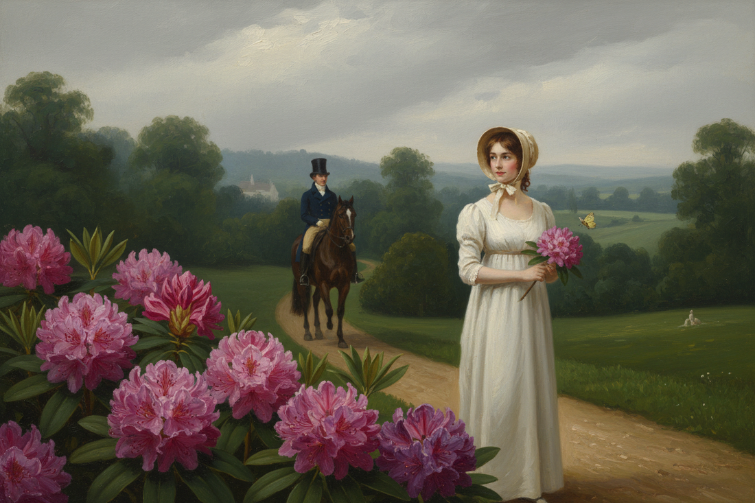 Regency scene with pink rhododendron blooms in foreground, young woman in white muslin dress holding a rhododendron branch, and a gentleman on horseback arriving through a misty English parkland - LeBonJournal