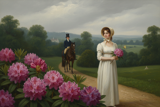 Regency scene with pink rhododendron blooms in foreground, young woman in white muslin dress holding a rhododendron branch, and a gentleman on horseback arriving through a misty English parkland - LeBonJournal