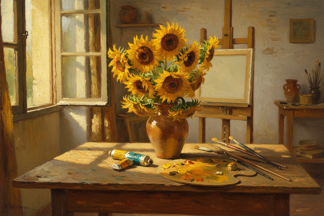 Terracotta vase with twelve sunflowers in various stages of bloom on worn wooden artist table in sun-drenched Provençal studio with cadmium yellow oil paint tubes wooden palette paintbrushes and canvas on easel