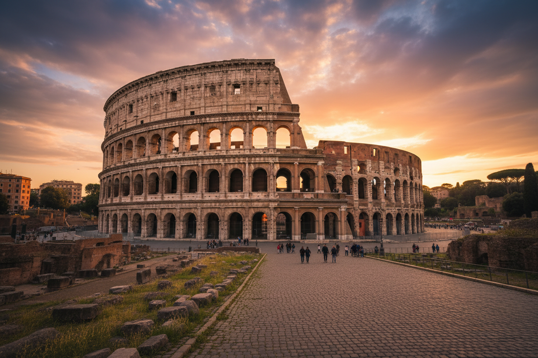 The Colosseum in Rome at golden hour, warm amber light on the ancient stone facade, Roman cobblestones in the foreground, dramatic sky 