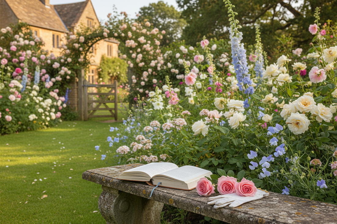 Victorian cottage garden in full summer bloom with roses and hollyhocks, stone bench with journal and white gloves, Georgian country house in the background - LeBonJournal