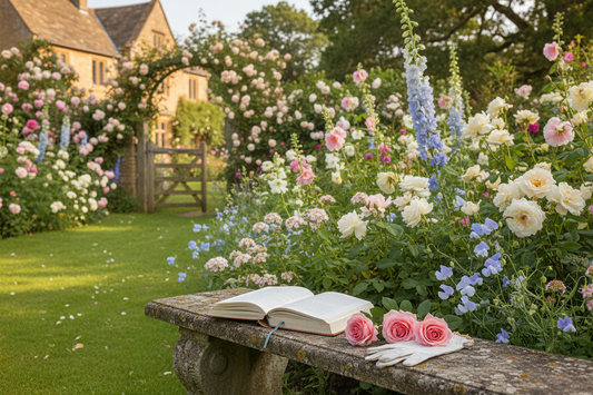 Victorian cottage garden in full summer bloom with roses and hollyhocks, stone bench with journal and white gloves, Georgian country house in the background - LeBonJournal