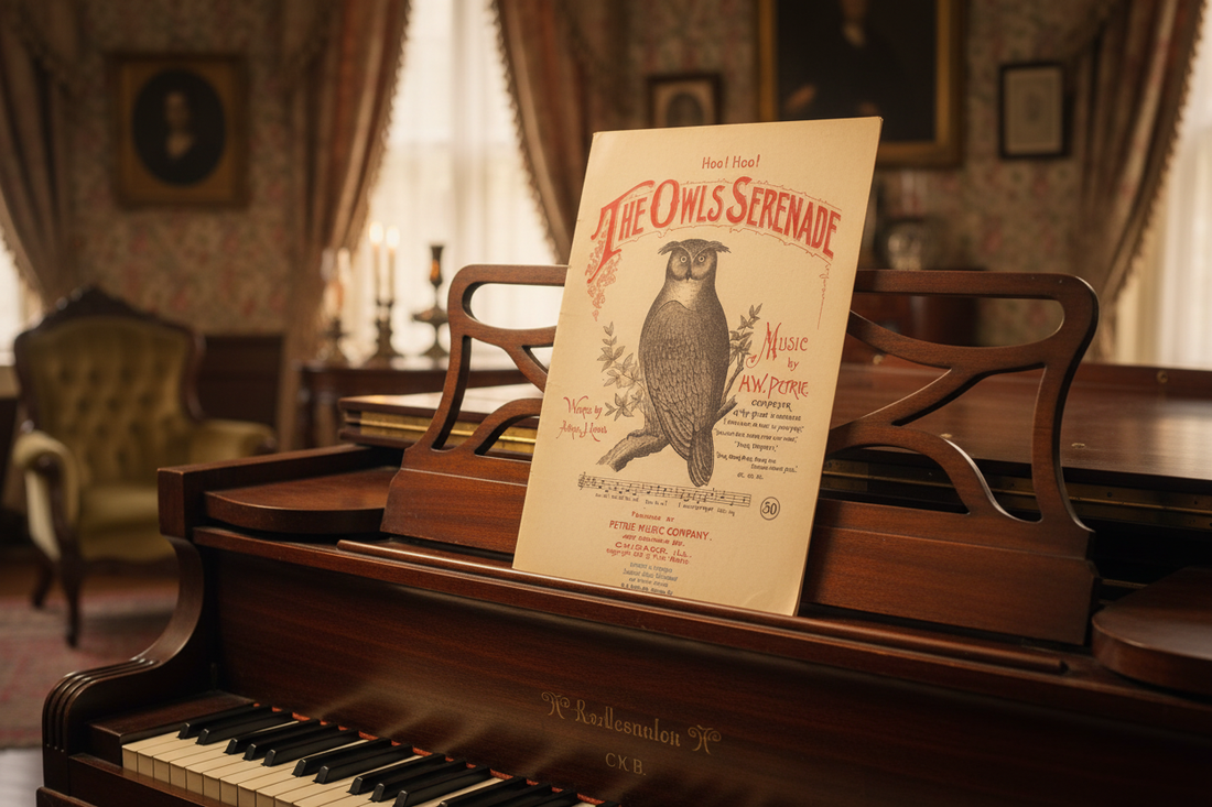 The Owls Serenade sheet music by H.W. Petrie 1894 on the music stand of a dark mahogany Victorian parlour piano, warm candlelight, shallow depth of field
