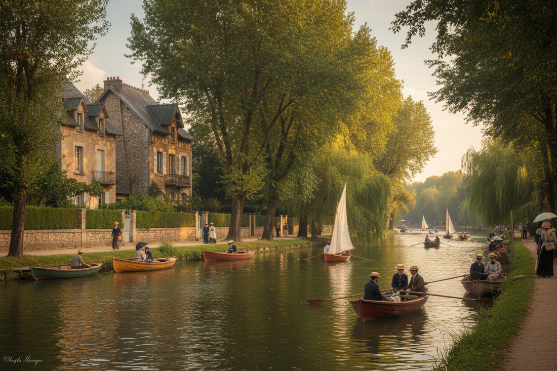 The banks of the Seine at Chatou on a warm summer afternoon with elegant bourgeois villas visible through riverside poplars and small boats on the calm water in golden light