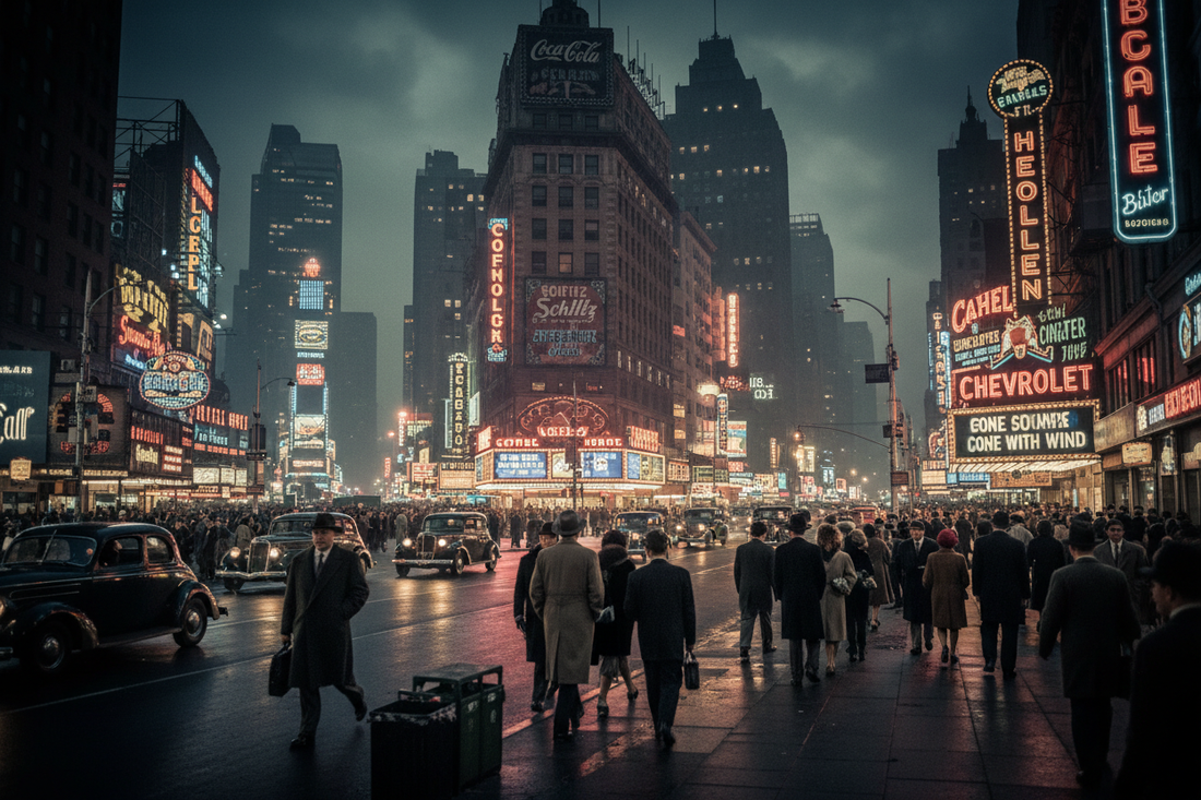 Times Square at night in the 1930s with blazing electric billboards reflecting on wet asphalt, crowds in fedoras and overcoats, vintage automobiles and steam rising from grates, cinematic noir atmosphere of The Great White Way