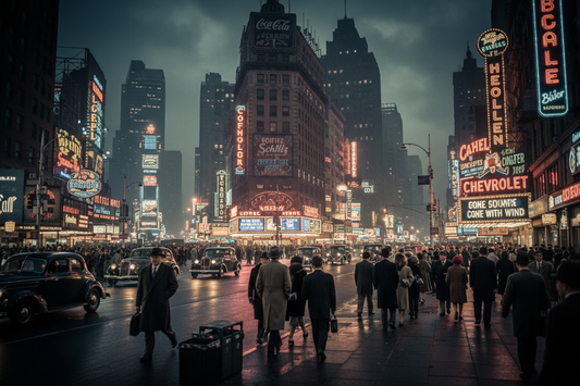 Times Square at night in the 1930s with blazing electric billboards reflecting on wet asphalt, crowds in fedoras and overcoats, vintage automobiles and steam rising from grates, cinematic noir atmosphere of The Great White Way