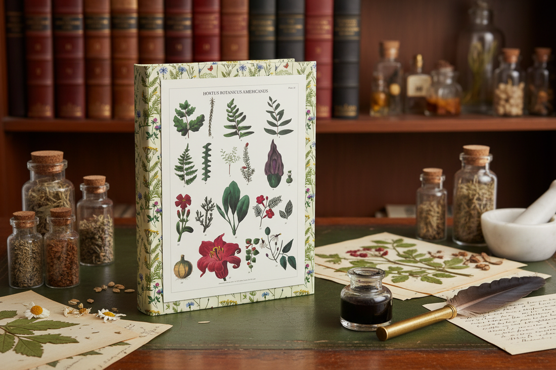Early 19th century botanical study desk with Titford 1811 Hortus Botanicus Americanus journal apothecary bottles mortar pestle and handwritten botanical notes - LeBonJournal