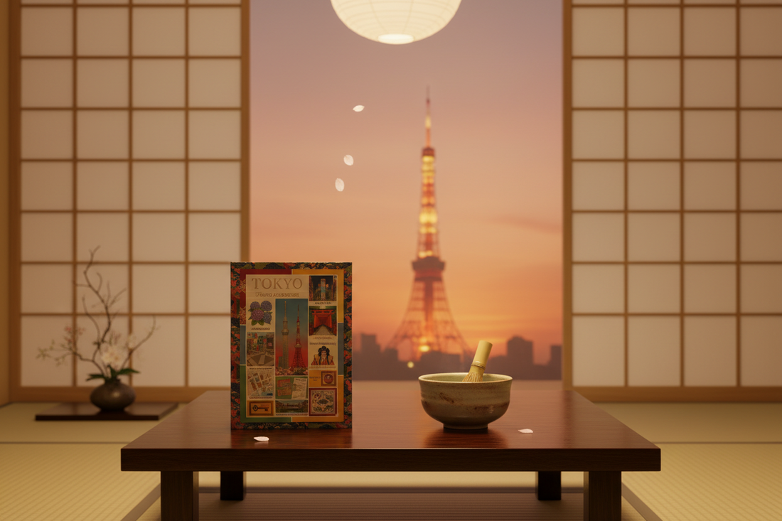 Tokyo journal with vintage travel poster cover on a Japanese lacquered table with matcha tea, cherry blossom petals, and Tokyo Tower glowing at sunset through a shoji screen window - LeBonJournal
