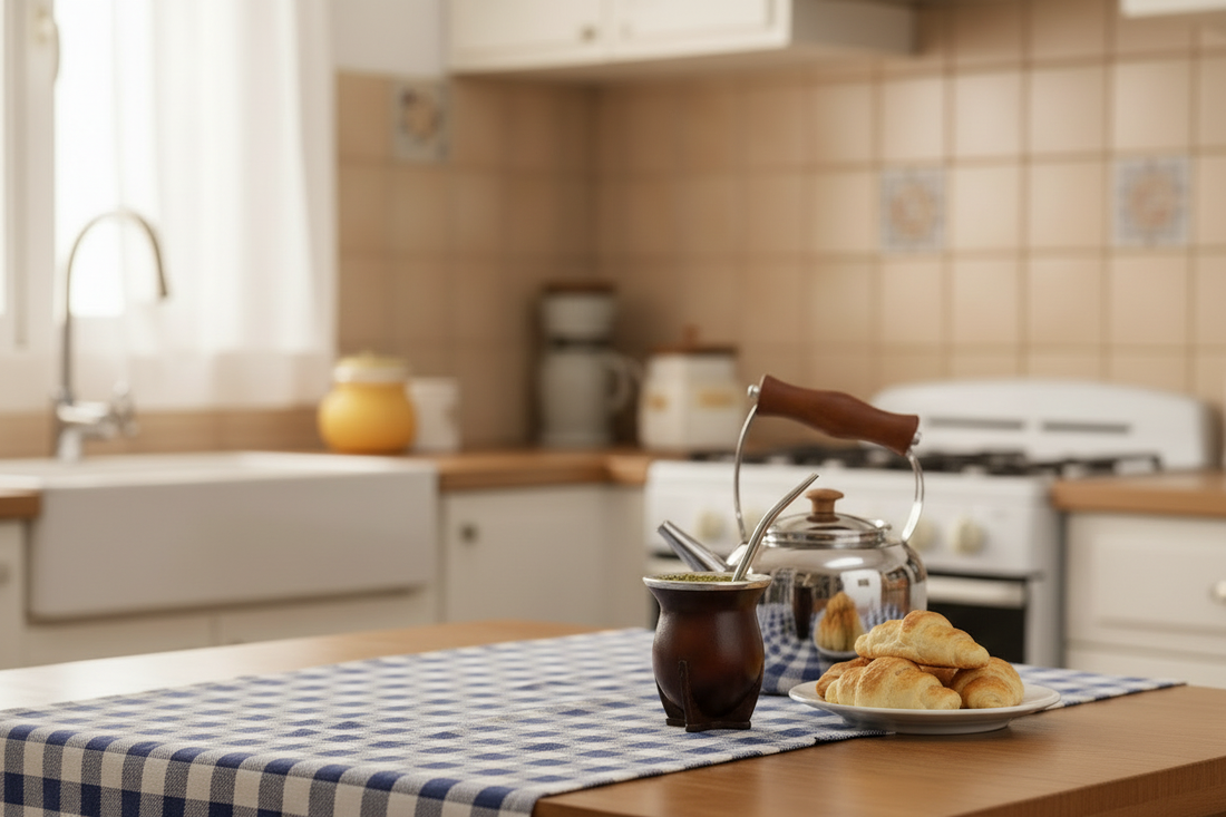 Traditional Argentine mate gourd with bombilla and stainless steel pava kettle on checkered tablecloth with medialunas in a cozy kitchen