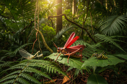 Tropidacris latreillei giant grasshopper with red wings in Brazilian rainforest alongside glass-winged mantis and Scaphura katydid — insects documented by Perty Delectus animalium articulatorum 1830