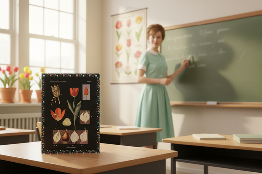 Tulip botanical journal on a 1960s classroom teacher's desk with morning light, tulips on the windowsill, botanical poster and chalkboard behind - LeBonJournal
