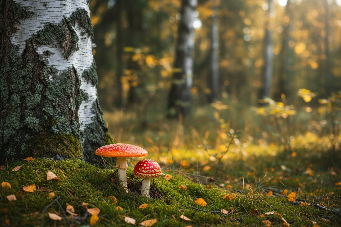 Two Amanita muscaria mushrooms growing at the base of a birch tree in an autumn forest with soft dappled light - LeBonJournal