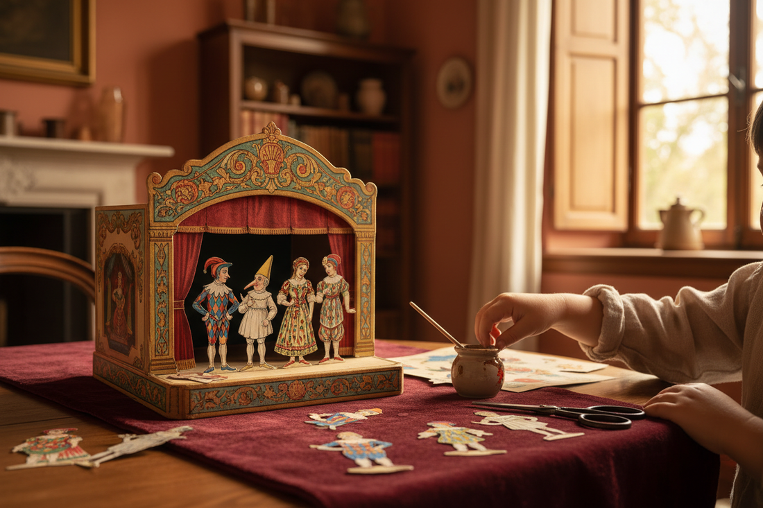 Commedia dell'Arte toy theatre scene in an early 20th century Italian home with Arlecchino, Pulcinella and Colombina paper characters — V. Turati chromolithograph Rome