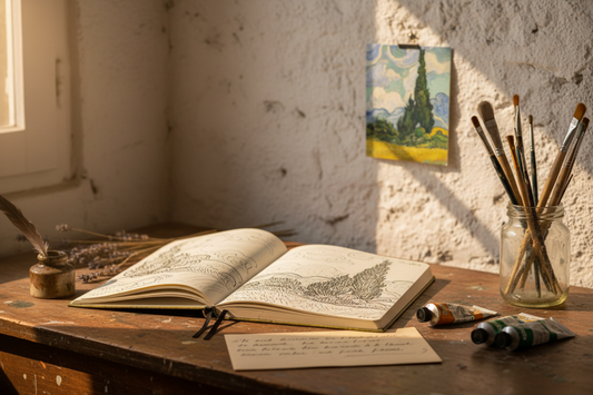 Provençal artist studio desk with cypress sketches oil paints brushes and handwritten letter celebrating Van Gogh summer of 1889 at Saint-Rémy - LeBonJournal