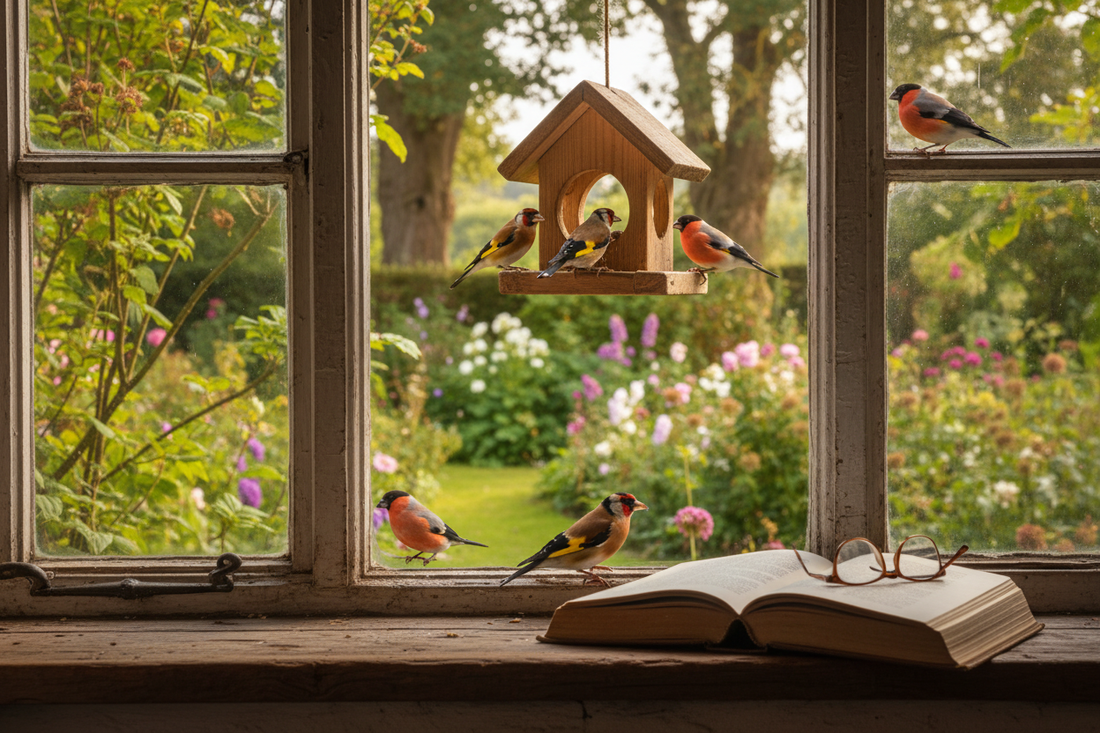 Cottage window looking out to European garden with wooden bird feeder and goldfinches outside, open bird atlas on windowsill
