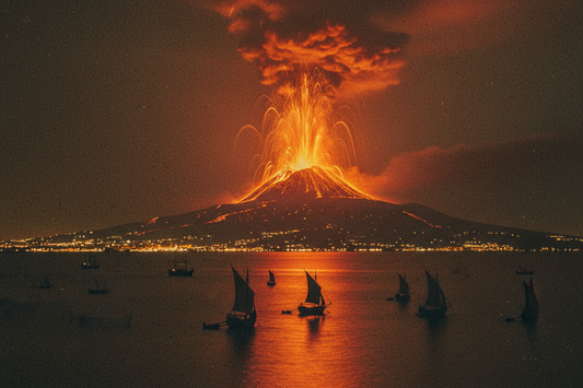 Mount Vesuvius erupting at night seen from the Bay of Naples, incandescent lava column reflected on dark water with sailing vessels silhouetted in the foreground, 18th century aquatint aesthetic