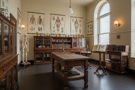 Victorian anatomical dissection room circa 1910 with lithographic medical charts skeleton brass microscope and anatomy atlas on wooden lectern