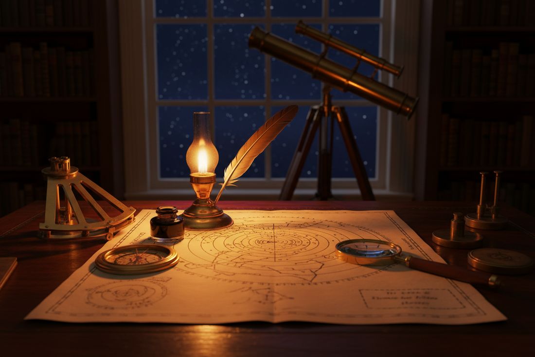 Victorian astronomer's desk at night with brass sextant, open astronomical chart, oil lamp and telescope pointing to starry window - LeBonJournal