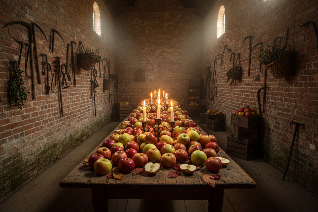 Victorian barn long table with heritage apple varieties russet red golden green Herefordshire pomology