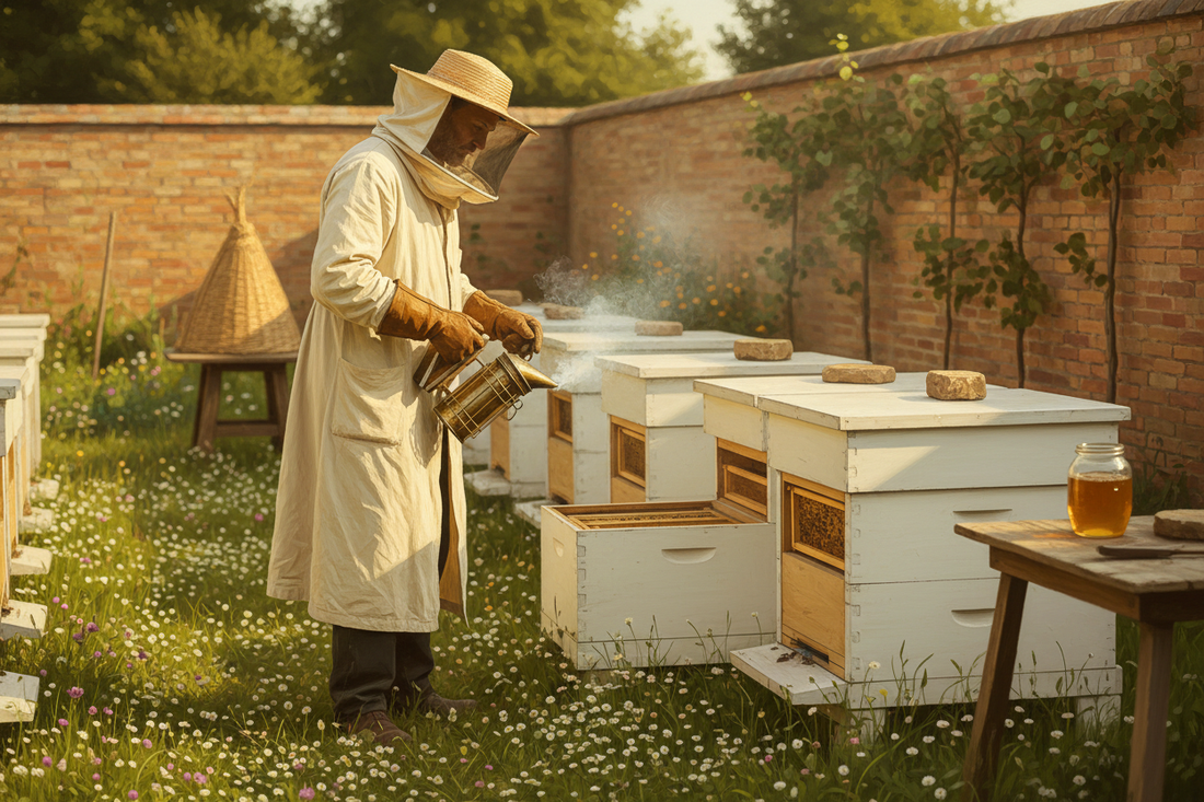 Victorian beekeeper in linen coat mesh veil and leather gloves with bellows smoker among white Langstroth hives and flowering white clover in sunlit English garden apiary with straw skep and golden honey jar