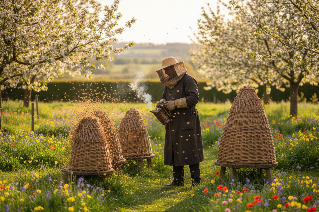 Victorian beekeeper in period clothing and veil tending traditional straw skep hives in a cottage garden in spring, flowering fruit trees and wildflowers, bee swarm in the air, warm golden afternoon light, English countryside 1870s