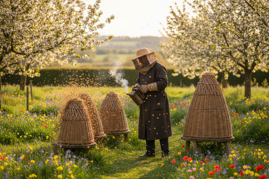 Victorian beekeeper in period clothing and veil tending traditional straw skep hives in a cottage garden in spring, flowering fruit trees and wildflowers, bee swarm in the air, warm golden afternoon light, English countryside 1870s