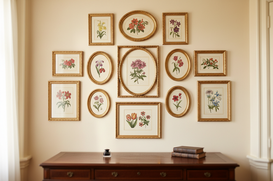 Victorian gallery wall with framed botanical prints of lilies roses azaleas orchids and peonies
