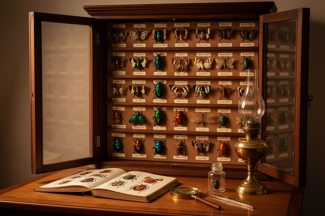 Victorian cabinet of curiosities with pinned iridescent beetles, butterflies and dragonflies, open entomological illustration book and magnifying glass on naturalist's desk - LeBonJournal