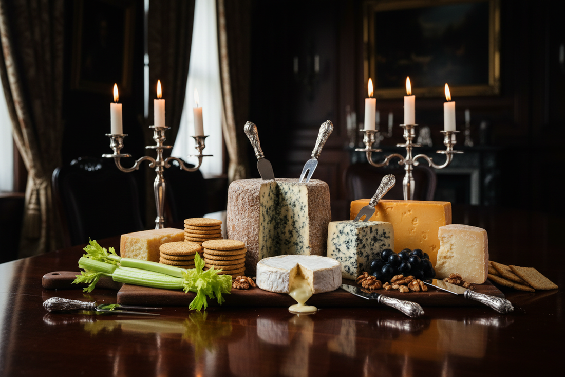 Victorian cheese board with Stilton, Camembert, Roquefort, Cheddar and Parmesan, water biscuits, oatcakes, walnuts, dark grapes and silver cheese knives by candlelight on a dark mahogany table, 1880s dining room atmosphere