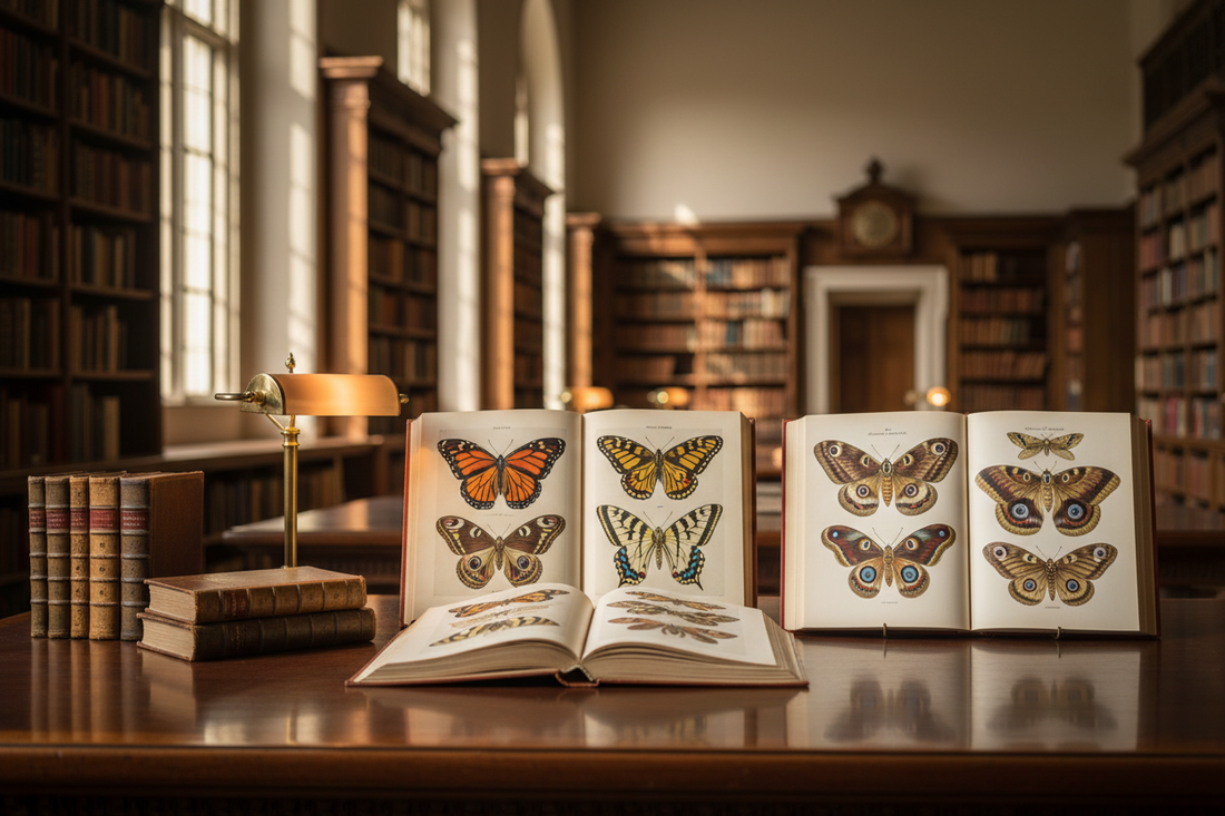 Victorian natural history books open to chromolithographic butterfly and moth plates on a grand Oxford library reading table, warm afternoon light and leather-bound volumes