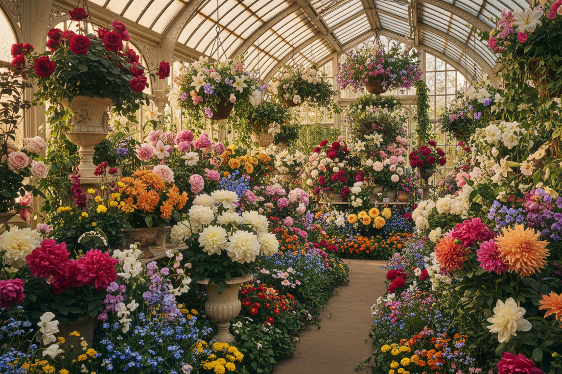 Lush Victorian conservatory filled edge to edge with blooming roses, peonies, dahlias, lilies and forget-me-nots in rich pinks, reds and whites - LeBonJournal