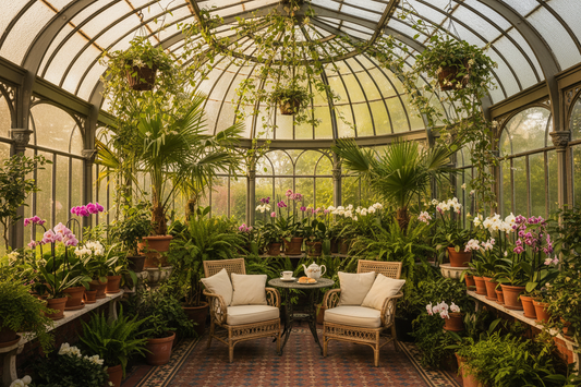 Interior of a Victorian country house conservatory with exotic ferns, palms and orchids in terracotta pots, cane chairs and wrought-iron table with teacup, soft light filtering through curved glass panels