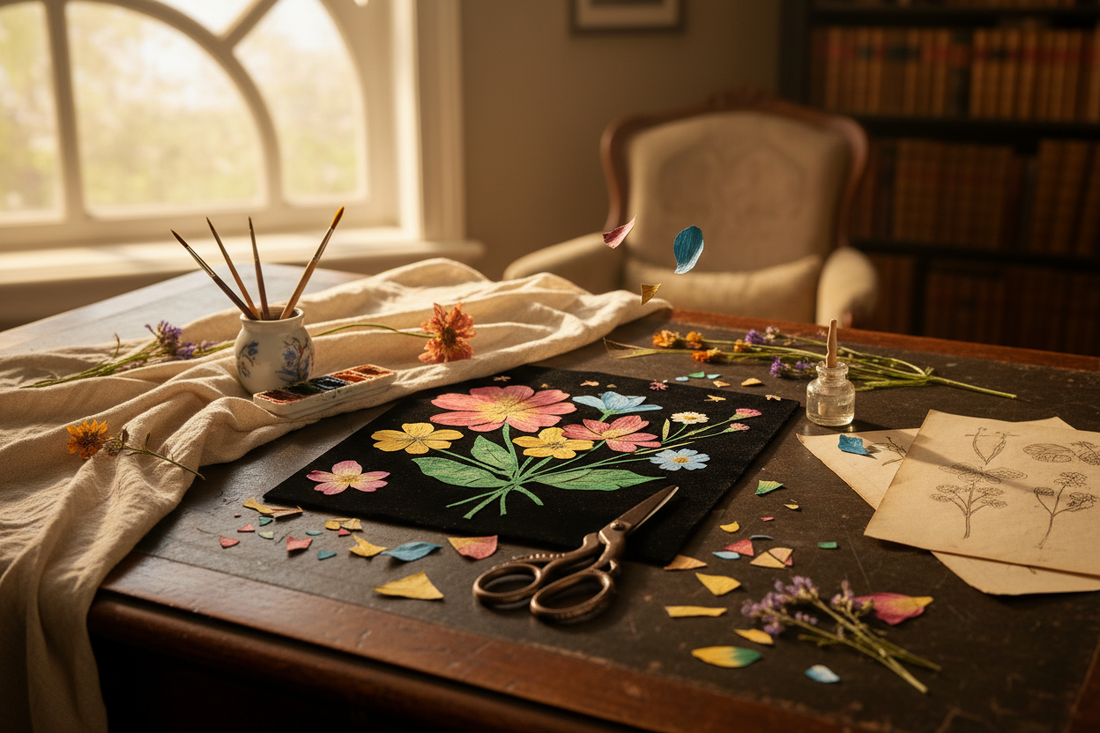 Victorian desk with bronze scissors, cut colored paper, pressed wildflowers and a half-finished botanical composition on black background - LeBonJournal