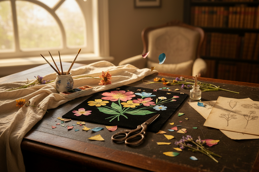 Victorian desk with bronze scissors, cut colored paper, pressed wildflowers and a half-finished botanical composition on black background - LeBonJournal