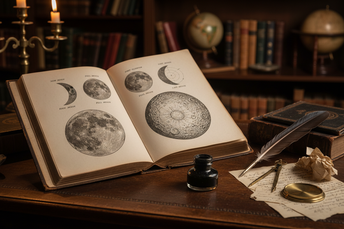 Open Victorian astronomy book with lunar phase diagrams on a wooden desk