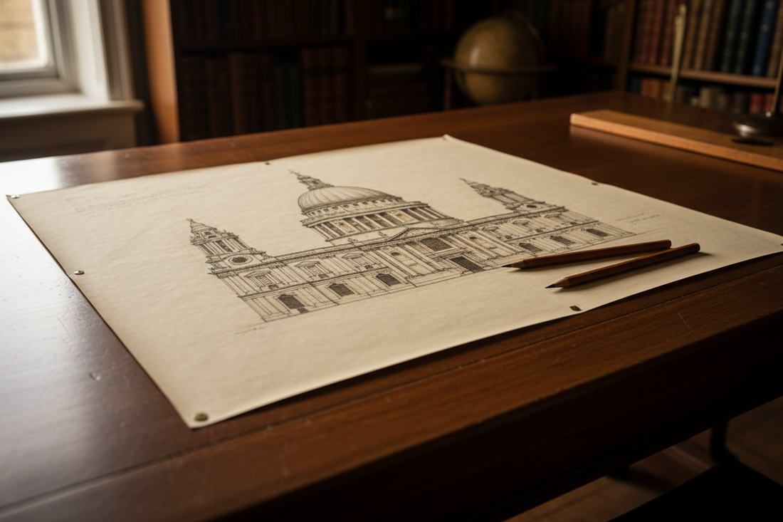 Victorian architect's drafting table with detailed ink drawing of St. Paul's Cathedral facade and dome, two pencils resting beside the paper, warm natural light