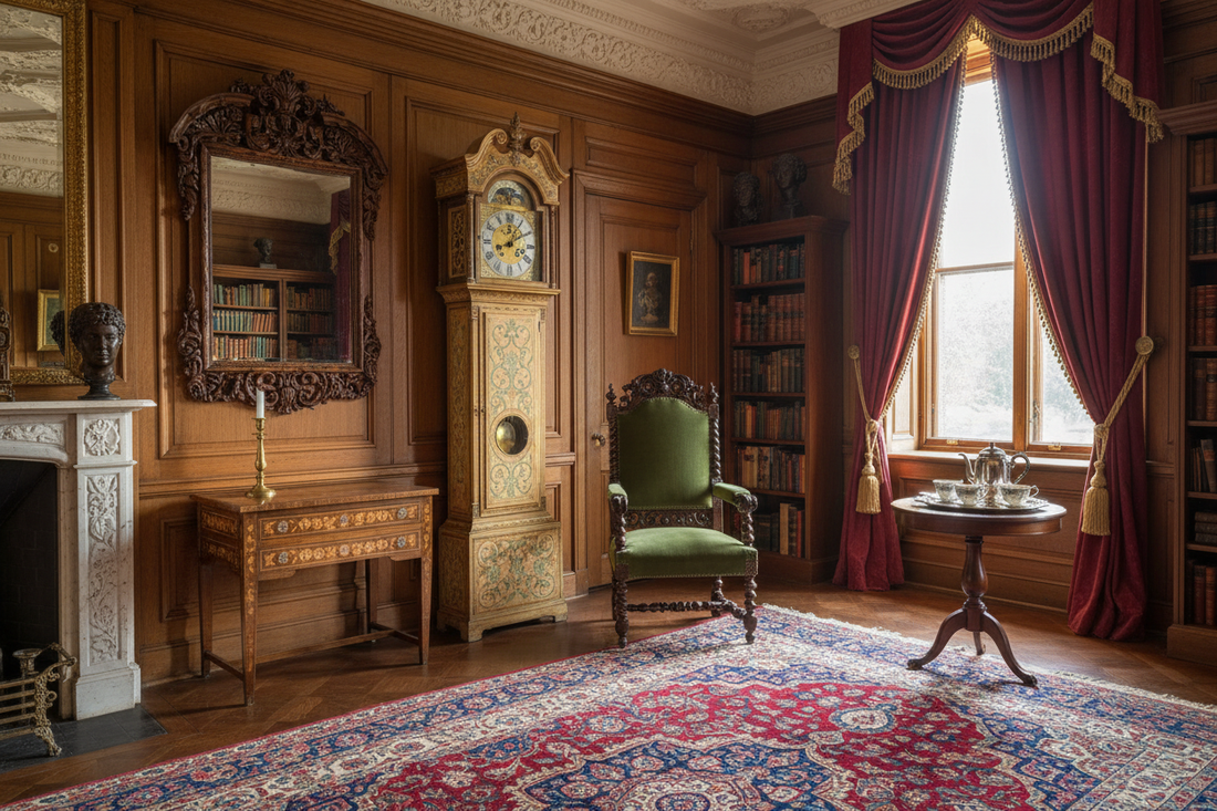 Victorian drawing room circa 1905 with William and Mary seaweed marquetry grandfather clock walnut chair and ornate mirror in grand Edwardian interior