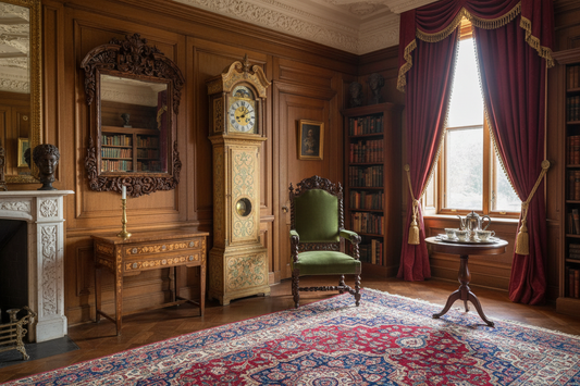 Victorian drawing room circa 1905 with William and Mary seaweed marquetry grandfather clock walnut chair and ornate mirror in grand Edwardian interior