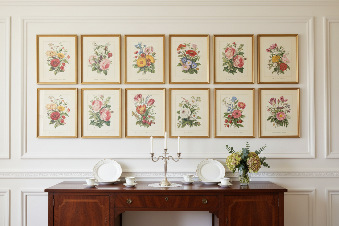 Victorian English wall gallery with twelve Robert Tyas 1896 Language of Flowers botanical bouquet prints in gilt frames above mahogany sideboard with china and candelabra frontal view