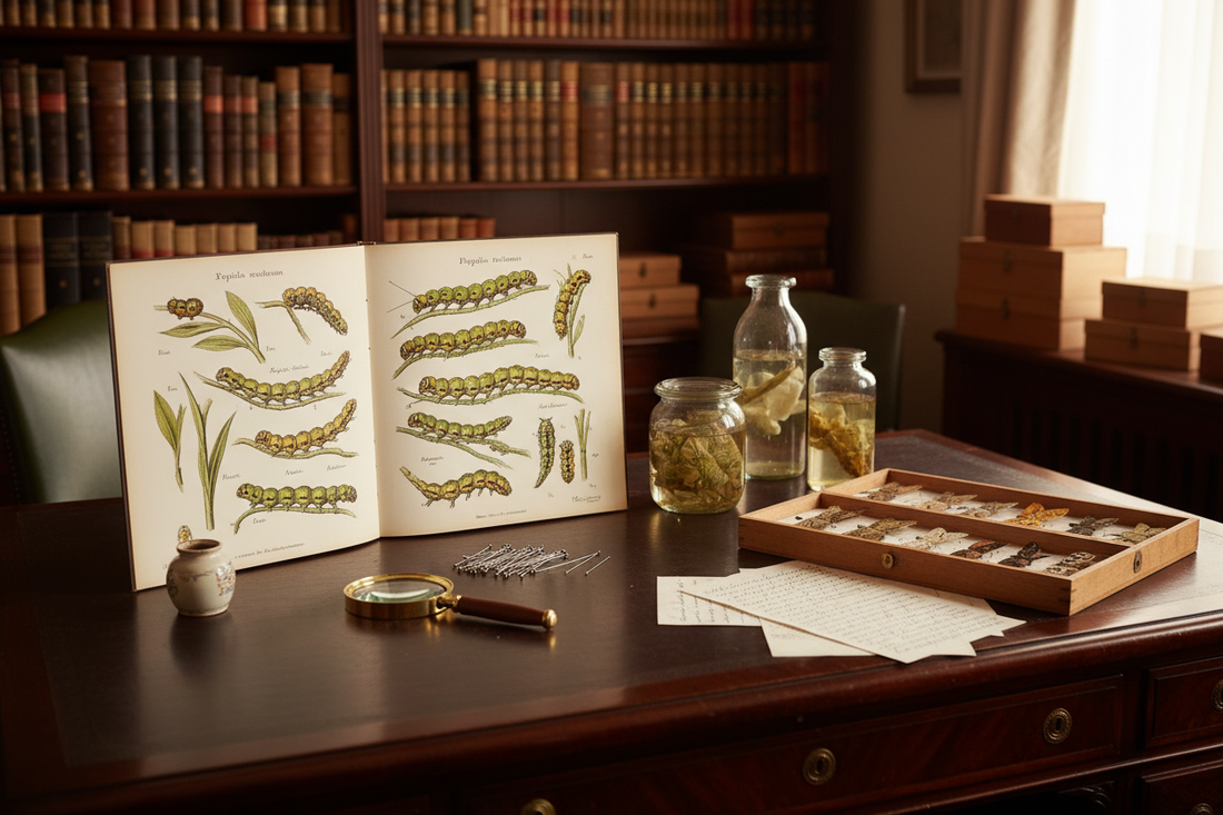 Victorian entomologist's study circa 1893 with open chromolithographic caterpillar atlas, glass specimen jars, brass magnifying glass, pinned moth specimens and handwritten field notes in warm candlelight - LeBonJournal