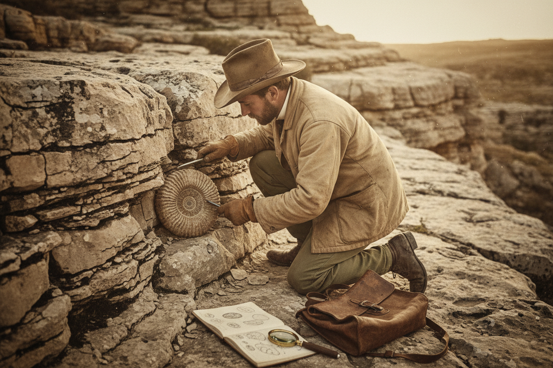 Victorian field geologist circa 1886 kneeling on rocky terrain extracting an ammonite fossil from limestone with geological hammer, wearing beige canvas jacket and leather gloves, field notebook and magnifying glass on the ground - LeBonJournal