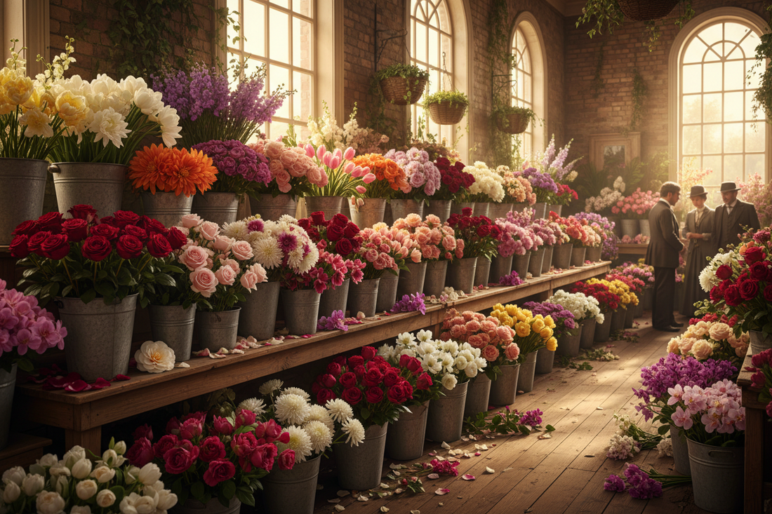 Victorian flower market with tin buckets overflowing with roses, camellias, dahlias, tulips and orchids on wooden shelves in warm morning light - LeBonJournal