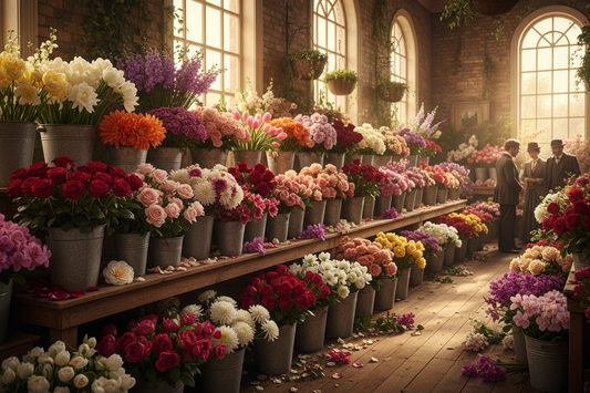 Victorian flower market with tin buckets overflowing with roses, camellias, dahlias, tulips and orchids on wooden shelves in warm morning light - LeBonJournal