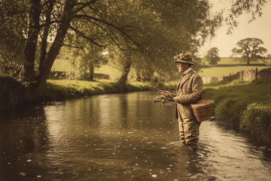 Victorian gentleman fly fisher standing in an English chalk stream circa 1892, tweed jacket and bucket hat with artificial flies, wicker creel at his side, casting a split-cane rod under willow trees - LeBonJournal