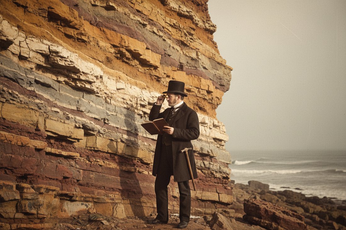 Victorian geologist examining layered rock strata at an English coastal cliff face circa 1850s, geological hammer and notebook in hand, sea in the background - LeBonJournal
