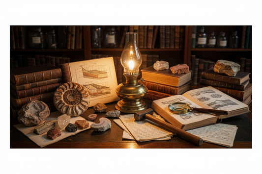 Victorian geologist's desk with ammonites, crystals and sedimentary rock specimens beside open leather-bound reference books with geological diagrams, hammer and magnifying glass lit by a Victorian oil lamp