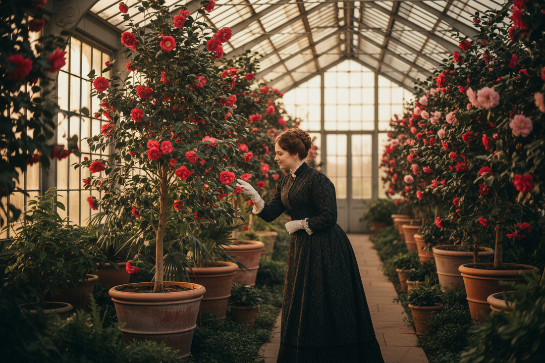 Victorian glasshouse interior with camellia shrubs in full bloom, a Victorian lady in a dark dress and white gloves examining a deep red camellia flower, warm light filtering through iron and glass, English estate 1830s