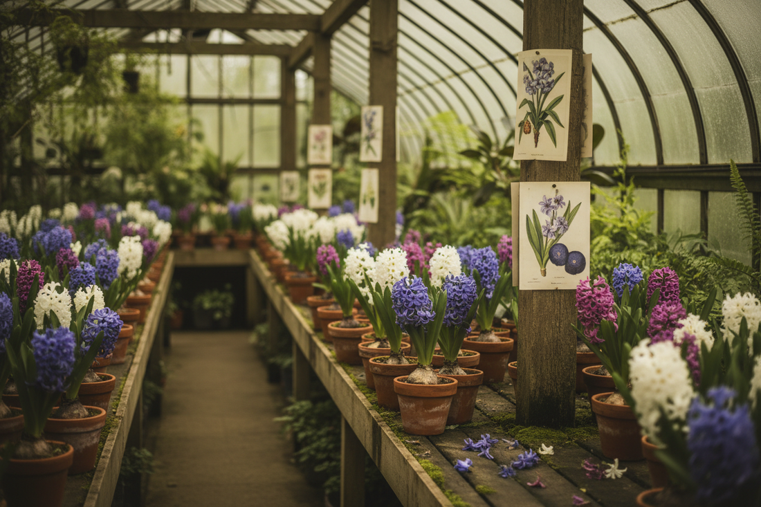 Blue white and purple hyacinth plants in terracotta pots inside a Victorian greenhouse with soft light through glass panes