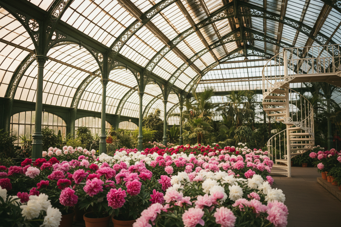 Blooming peonies in terracotta pots inside the Victorian glasshouse at Kew Gardens, iron and glass architecture with a white spiral staircase in the corner, warm diffused light through the glass panels