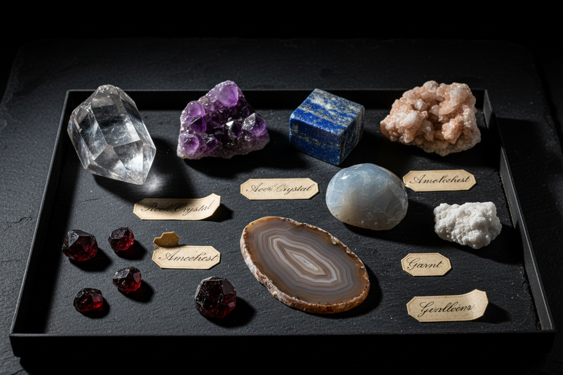 Victorian laboratory tray with assorted mineral specimens — rock crystal, amethyst, lapis lazuli, agate, garnet and zeolite